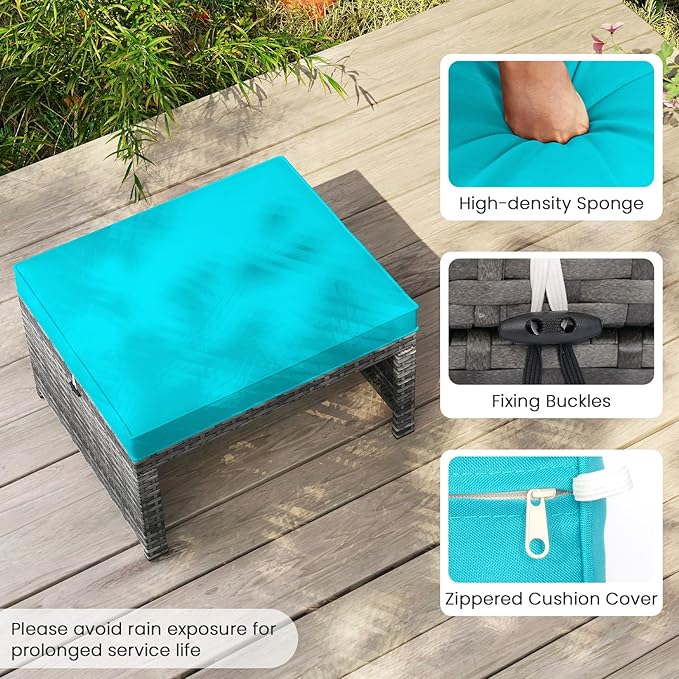 Tangkula 2 Pieces Patio PE Rattan Ottomans, Multipurpose Outdoor Footstool Footrest Additional Seating Side Table with Soft Zippered Cushions for Deck, Garden, and Yard (Turquoise)