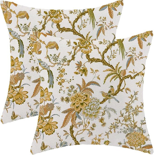 CXMEIFLY Summer Floral Birds Pillow Covers 20 x 20 Inch Set of 2 for Chinoiserie Flowers Spring Decor Throw Pillows Mustard Yellow Plant Outdoor Decorative Cushion Cases for Couch Bed Decorations