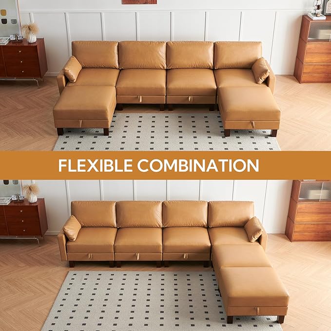 U-Shape Modular Sofa Couch 128" Modern 4-Seat Sofa with Chaises, Upholstered Sectional Couch with Wood Square Legs for House, Living Room, Reception Room, Apartment, Tan