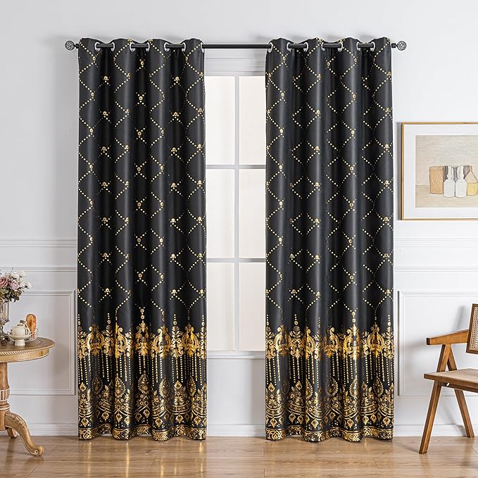 Grommets Blackout Long Window Curtains Black Gold-52W*84L 2PCS Drapes for Bedroom