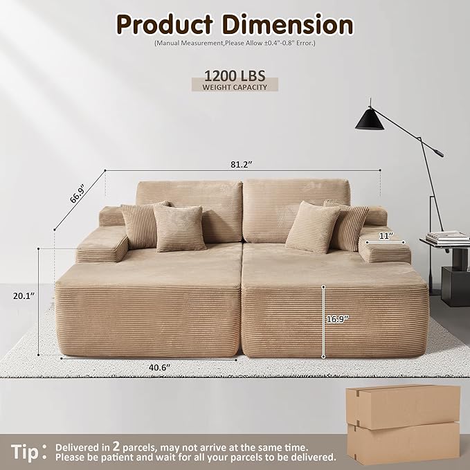ovios 81" Oversized Sectional Double Lounge Chaise with Cloud Plush Sofa Bed, No Assembly Required, Fluffy Modern Sleeper Loveseat Chair for Indoor Living Room Bedroom Reading, Camel (Corduroy Fabric)