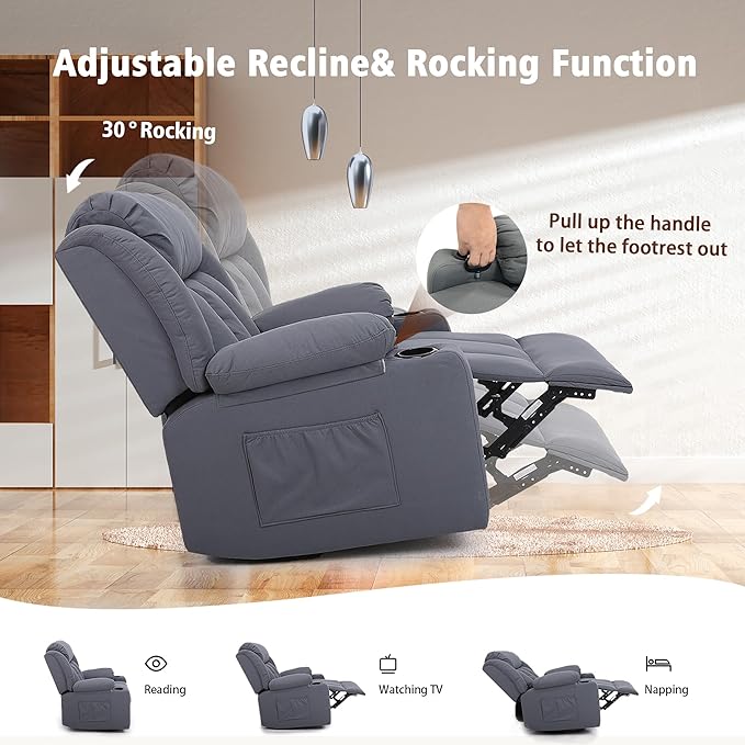 Rocker Swivel Recliner Chair for Adults, Overstuffed Large Manual Recliner Glider with Massage and Heat, Comfy Soft Fabric Living Room Reclining Sofa Chair(Technical Grey)