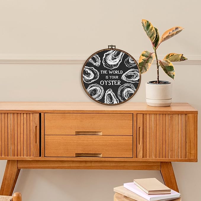 XBBMGG Black Vintage Oyster Wall Art Decor, Beach Nautical Round Wall Hanging Decor, Retro Ocean The World Is Your Oyster Framed Canvas Prints for Home Bedroom Living Room Decorations, 10x10inch