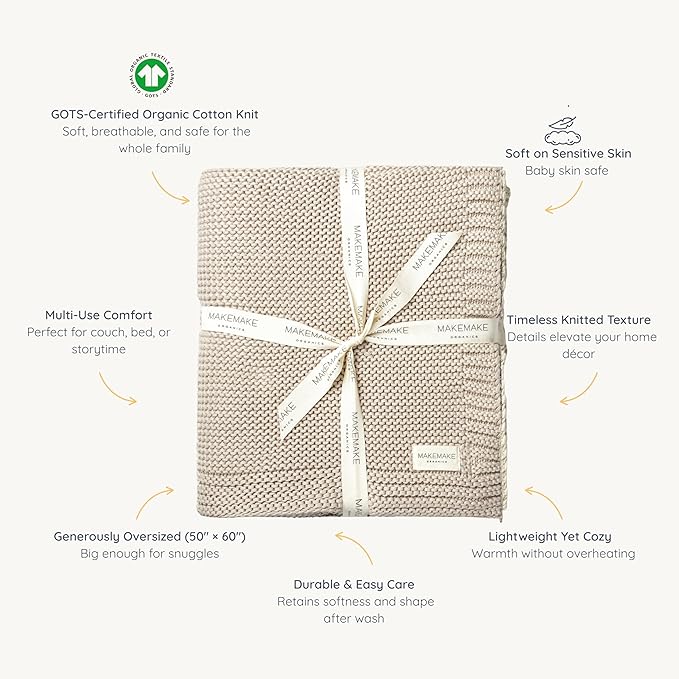 MakeMake Organics Organic Cotton Throw Blanket GOTS Certified Organic Knit Blanket Couch Bed Neutral Fall Colors Soft Cotton Throw Blanket Large (50x60, Beige)