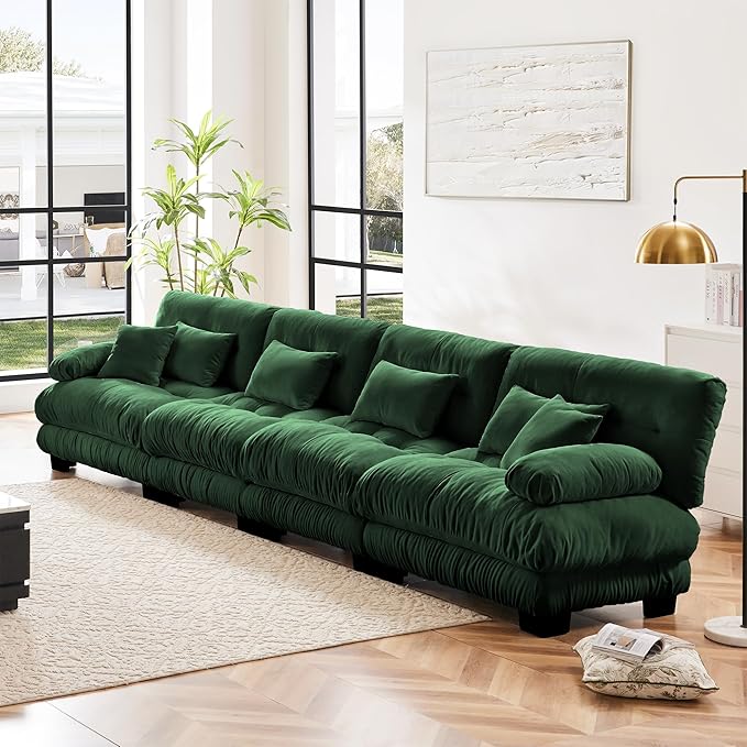 Modular Sectional Sofa, Comfy Cloud Couch 4 Seater Couch, Sectional Couches for Living Room, Modern Chenille Oversized Couches for Bedroom, Sleeper Deep Seat Sofa with Throw Pillows, Green