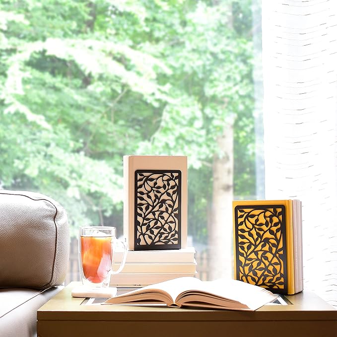 CNK Book Ends for Shelves - Metal Holders for Home Office Heavy Books, Shelf Stoppers, Decorative Set of 2 Black Infinite Leaves Bookends