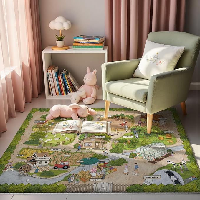 5x7ft Kids Farm Adventure Play Rug,Non-Slip Faux Wool Carpet with Interactive English Words, Educational Travel Map Design for Playroom, Bedroom, Nursery Gift
