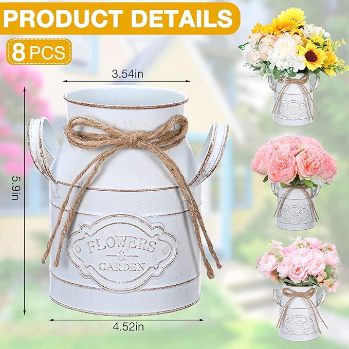 6 Inch Farmhouse Vase Decor Milk Can Vintage Flower Jug Galvanized Metal Vase with Handle Rustic Flower Buckets for Thanksgiving Christmas Table Centerpiece Weddings Gifts(Retro White,8 Pcs)
