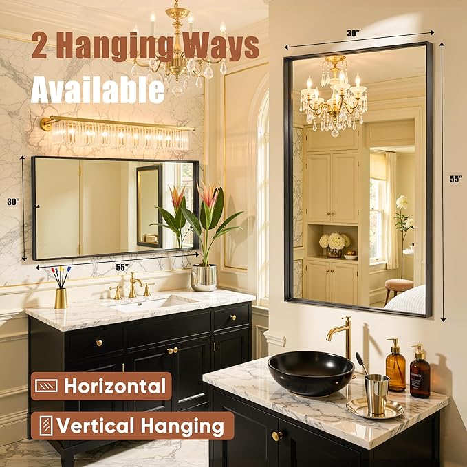 55"x30" Black Framed Bathroom Mirror, Large Rectangular Vanity Mirror, Aluminum Metal Frame, Wall Farmhouse Modern Wall-Mounted Mirrors for Bathroom, Bedroom, Living Room, Over Sink