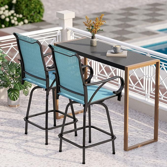 PHI VILLA 3 Piece Outdoor Bar Set, High Top Patio Bistro Table and Bar Chairs with Teal Textilene Fabric & Rustproof Metal Frame for Backyard, Balcony, Garden & Poolside