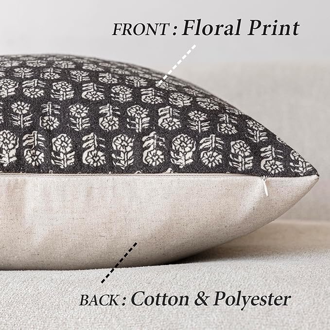 Foindtower Set of 2 Decorative Vintage Floral Print Throw Pillow Covers Neutral Modern Farmhouse Cushion Covers Boho Home Decor for Sofa Couch Chair Bedroom Living Room,20×20 Inch,Black