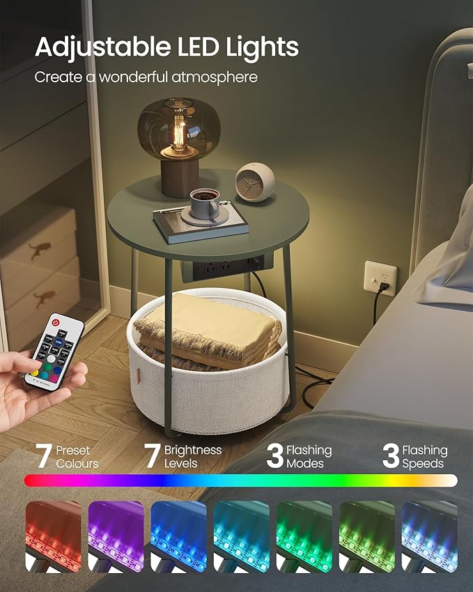 VASAGLE Side Table with Charging Station, Round End Table with Fabric Basket, LED Nightstand with Power Outlets, USB Ports, for Living Room, Bedroom, Modern, Forest Green and Cream White ULET227C01