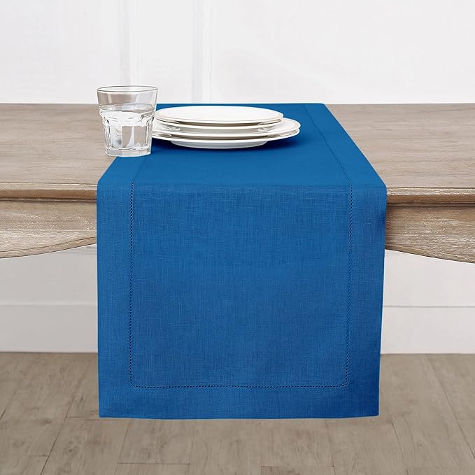 Solino Home Linen Table Runner 36 Inches - 100% Pure Linen Indigo Blue Hemstitch Table Runner 14 x 36 Inch Ideal for Dresser and Coffee Tables - Fall, Autumn - Classic Hemstitch