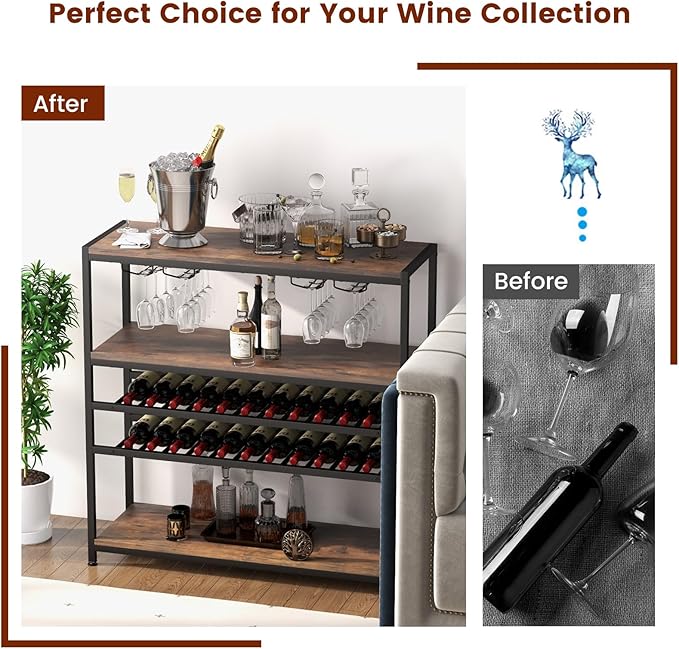 GOFLAME Industrial Wine Rack Table, Wine Bar Cabinet with 2-Tier Wine Rack, 4 Row Glass Holder and Storage Shelves, Freestanding Floor Liquor Storage Stand for Kitchen, Dining Room, Rustic Brown