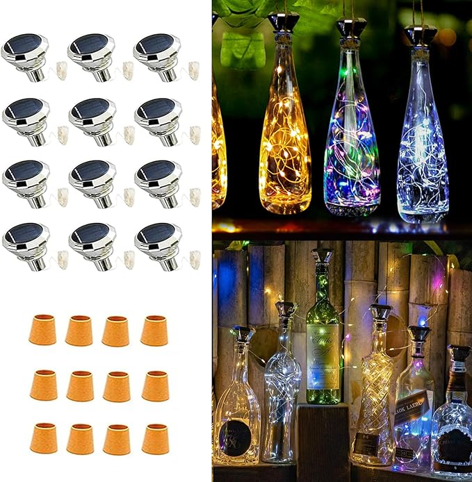Upgraded 12 Pack Diamond Solar Wine Bottle Lights, 20 LEDs Waterproof Copper Light, Bottle Light Fairy Cork String Lights for Yard Patio Decor, DIY Birthday Gift for Mom Grandma Friend(3 Colors)