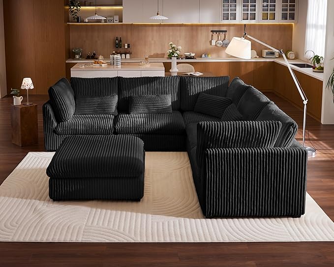 Oversized Modular Sofa, Extra Deep Cloud Corduroy Sectional Couch with Ottoman Chaise, Fluffy Chenille Corner V Shape Sofa for Living Room, Villa (Corner V Shape+Ottoman, Corduroy Black)