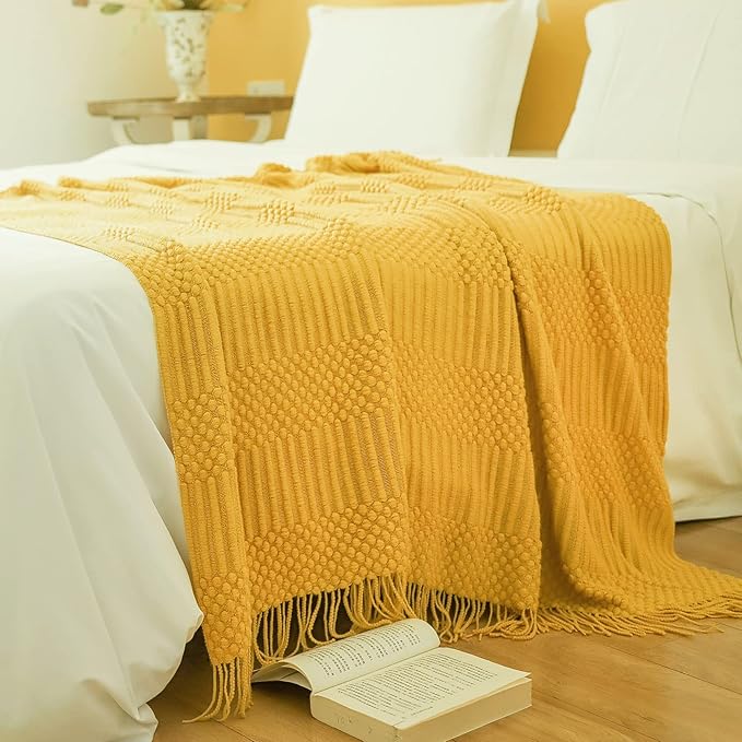 Blagic Knitted Throw Blanket for Couch, Bed and Sofa. Super Soft Blanket with Tassels, Yellow Throw Blanket, 50 x 60 Inches Lightweight & Cosy Home Decor