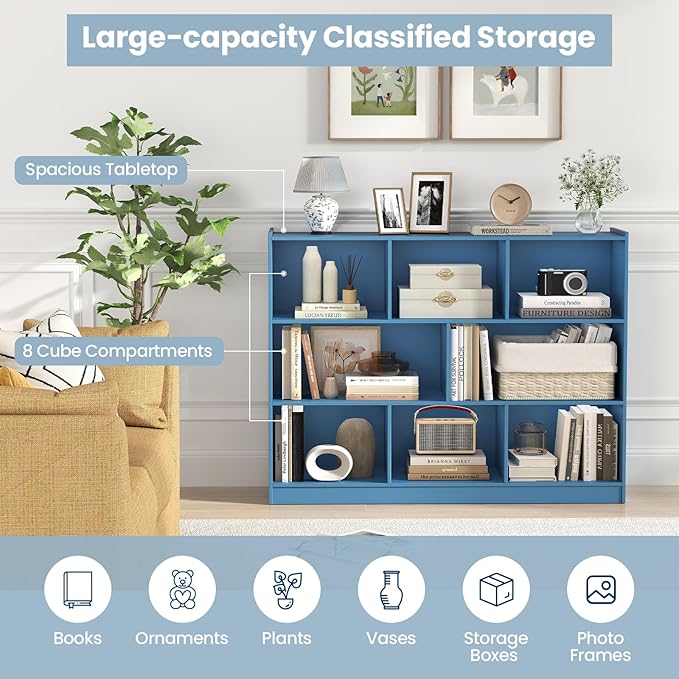 Tangkula 8-Cube Bookcase, Wood 3 Tier Open Storage Bookshelf, Modern Multipurpose Display Cabinet for Living Room, Study, Reading Nook, 48 x 12.5 x 36.5 Inch (Bright Blue)
