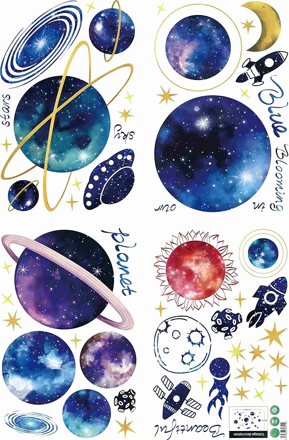 Quanhaigou Blue Purple Galaxy Wall Decals, Removable Sticker,The Art Magic 3D Milky Way Cosmic Stars Spacecraft Dreamscape Home Decor for Bedroom Living Room Floor Ceiling Kids Room