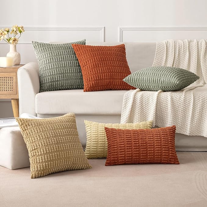 MIULEE Pack of 2 Corduroy Decorative Throw Pillow Covers 18x18 Inch Soft Boho Striped Pillow Covers Modern Farmhouse Home Decor for Summer Sofa Living Room Couch Bed Light Olive Green