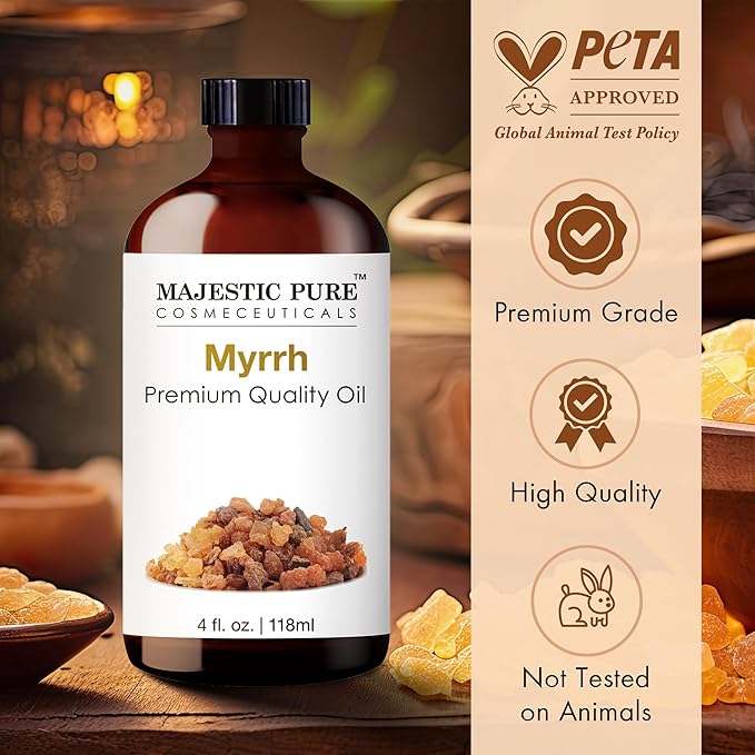 Majestic Pure Myrrh Essential Oil with Glass Dropper - Huge 4 Fl Oz - 100% Pure and Natural Myrrh Oil - Premium Grade Essential Oils for Diffuser, Aromatherapy, Soap and Candle Making