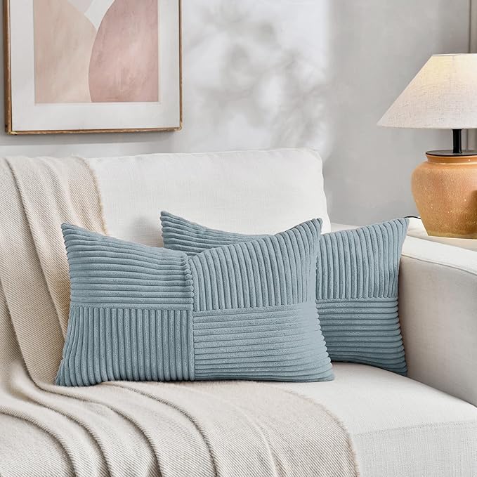 Fancy Homi Set of 2 Light Blue Lumbar Decorative Throw Pillow Covers 12x20 Inch for Living Room Bedroom Couch Bed Sofa, Soft Striped Corduroy Coastal Blue Rectangle Accent Cushion Case 30x50 cm