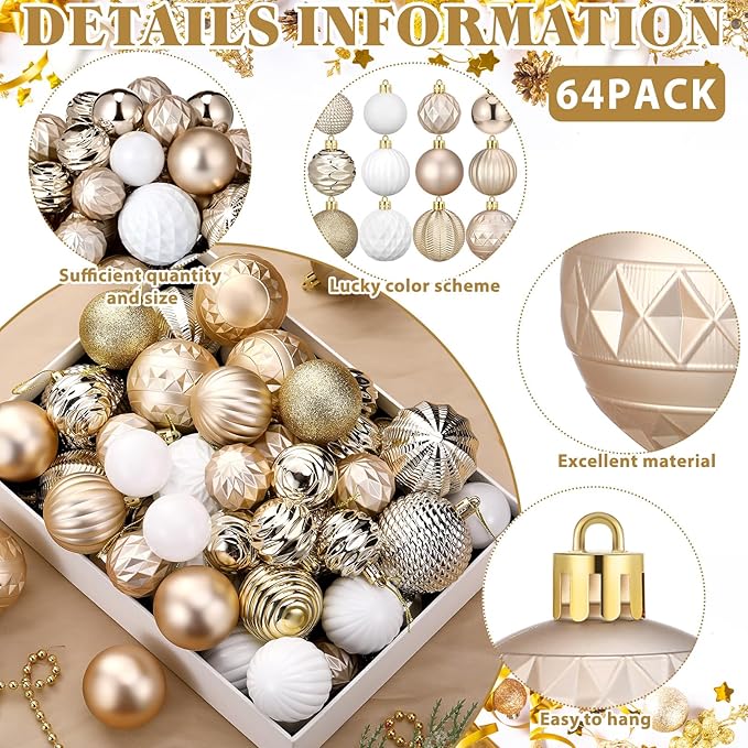 64 Pcs Neutral Christmas Ball Ornaments Champagne Gold White Christmas Tree Decorations Set 1.6/1.97/2.4 Inch Shatterproof Glitter Matt Xmas Baubles Neutral Ornaments for Xmas Tree Home Decor