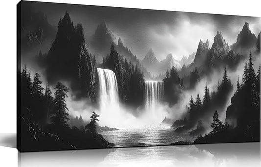Mountain Wall Pictures for Living Room Decor - Black and White Wall Art Bedroom - Waterfall Canvas Wall Art for Office Size 20" x 40"