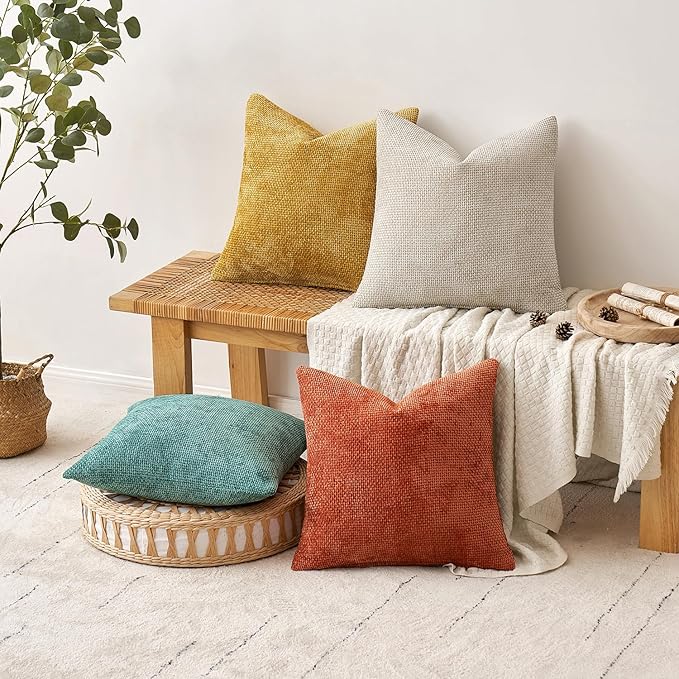 MIULEE Pack of 4 Couch Throw Pillow Covers 16x16 Inch Neutral Orange/Teal Soft Decorative Chenille Pillow Covers Farmhouse Accent Cushion Covers for Boho Home Decor Spring Sofa Bedroom Living Room