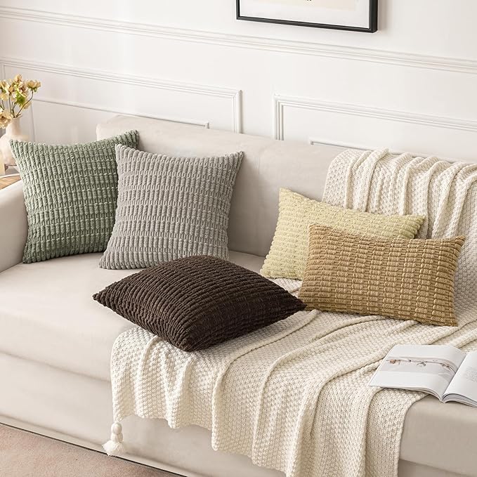 MIULEE Pack of 2 Corduroy Decorative Throw Pillow Covers 20x20 Inch Soft Boho Striped Pillow Covers Modern Farmhouse Home Decor for Summer Sofa Living Room Couch Bed Light Olive Green