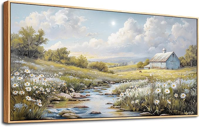 PHAOHUAXM Wood Framed Wall Art For Living Room Large Canvas Wall Decor For Bedroom Flower Watercolour Painting Office Decor Countryside Scenery Wall Picture Printing Artwork Home Decor 20x40 In