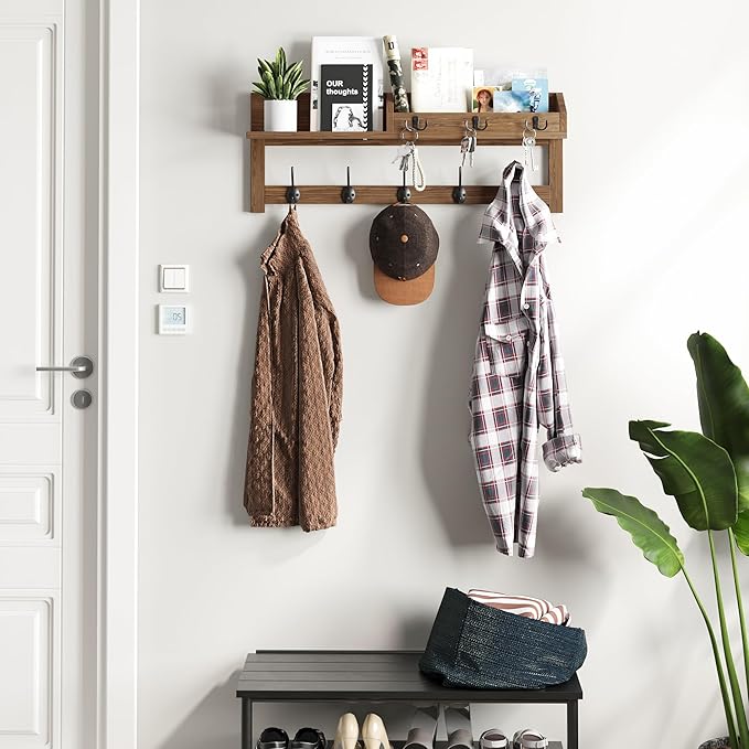 AMBIRD Wall Hooks with Shelf 26.57inch Entryway Wall Hanging Shelf Wood Coat Hooks for Wall with Shelf Coat Rack Wall Mount Rack with 5 Dual Hooks 3 Key Hooks Mail Organizer and Key Rack Key Holder
