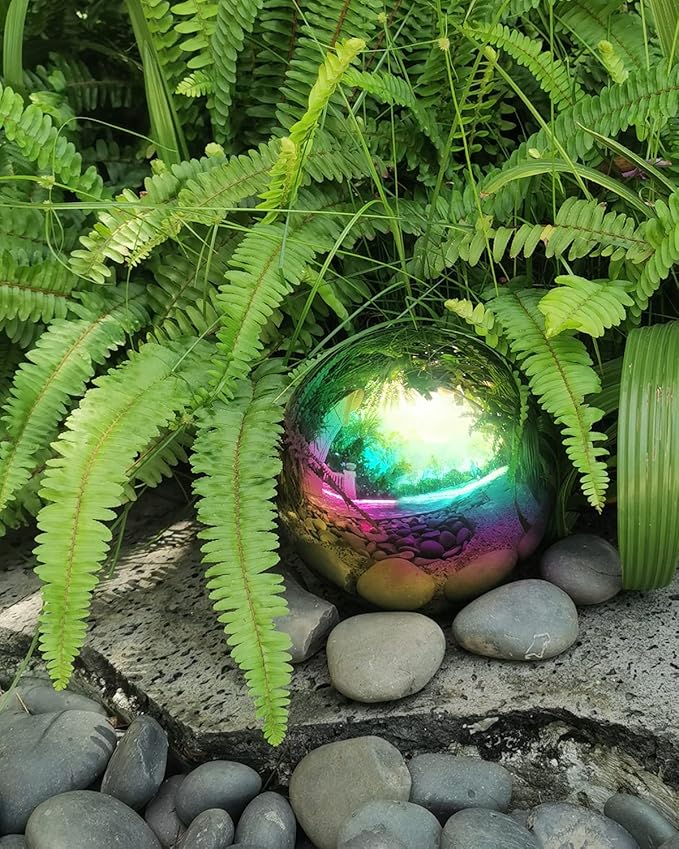 Rainbow Gazing Globe Mirror Ball in Stainless Steel, Shiny Hollow Sphere Sparkling Housewarming Outdoor Ornament (6 Inch)