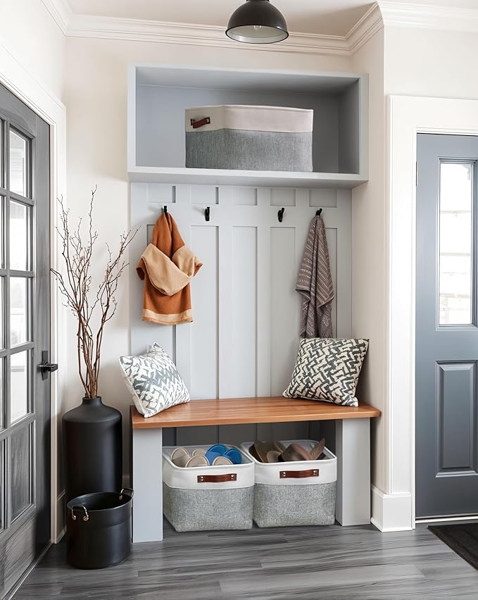 DECOMOMO Storage Bins Fabric Storage Baskets for Shelves, Linen Closet Organization Toys Nursery (Grey and White, Large - 3 Pack)