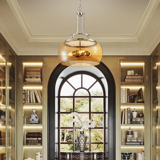 WUZUPS Nickel Chandelier Rustic Farmhouse Industrial Round Ceiling Pendant LED Light Fixture with Amber Glass Shade for Dining Room Kitchen Island Foyer Entryway, H 20.9" W 15.9", E26 Base