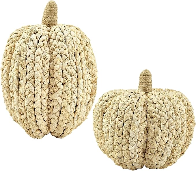 naturevibe 7.5/5.5Inches Braided Cornhusk Pumpkin Decor Set of 2 as Centerpieces for Tables,Natural Corn Stalks Woven Pumpkins for Fall Home Decor,Thanksgiving Decorations or Autumn Harvest Gifts