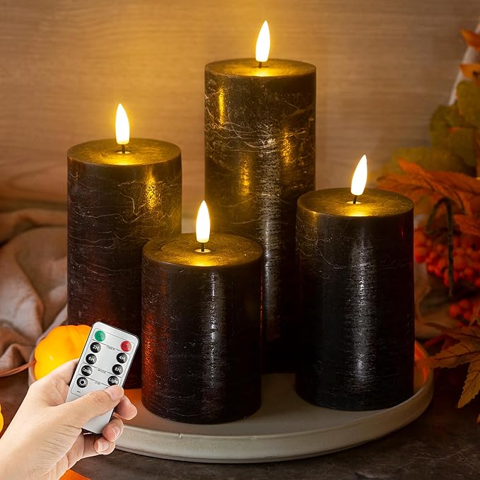 Halloween Flameless Candles, 4 Pack Battery Operated Halloween Candles with Remote, Wax LED Fake Pillar Candles Fireplace/Shelf Decor D3 H 5" 6" 7" 9" Black