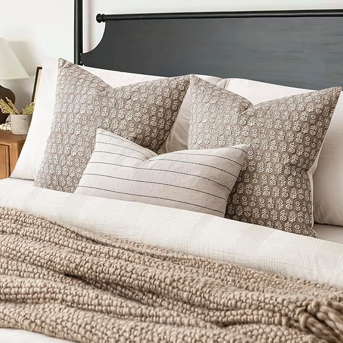 Foindtower Set of 2 Decorative Vintage Floral Print Throw Pillow Covers Neutral Modern Farmhouse Cushion Covers Boho Home Decor for Sofa Couch Chair Bedroom Living Room,24×24 Inch,Tan Taupe