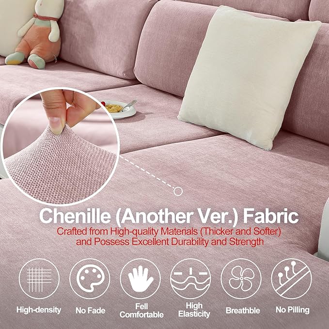 Large Backrest Cushion Covers Super Stretch Backrest Covers for 3 Cushion Couch Sofa, Couch Back Cushion Covers Featuring with Chenille Yarn (Softer Version, 3PC, Pale Pink)