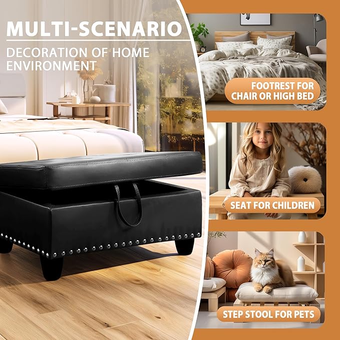 Ottoman Rectangular Storage Ottoman Bench, Faux Leather Footrest, Coffee Table, Stool Footstool with Hinged Lid for Living Room, Bedroom, Entryway, Black, 28.5"x19"x17.5"