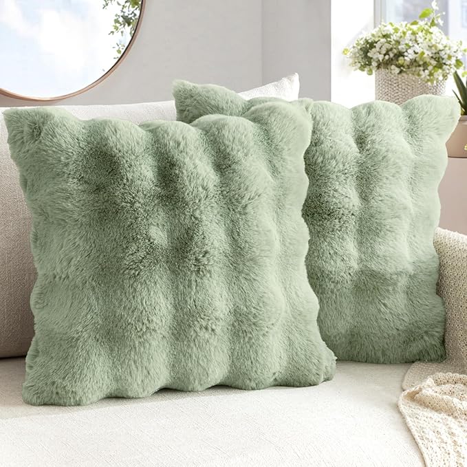 MIULEE Pack of 2 Decorative Pillow Covers Thick Soft Plush Faux Fur Throw Pillows Luxury Home Decor for Couch Bedroom Living Room Sofa,18x18 Inch Sage Green