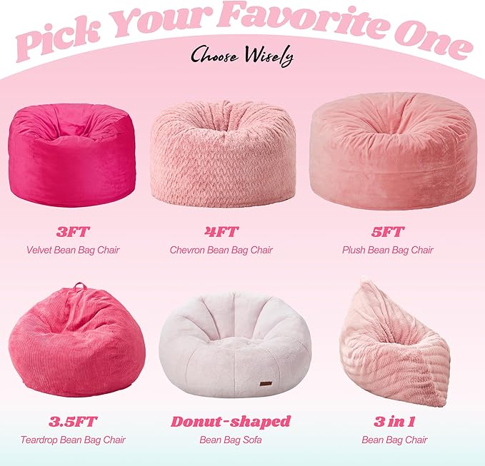 Hobestluk 3 in 1 Bean Bag Chair Giant Bean Bag Chairs for Adults with Ripple Cover Convertible Bean Bag Floor Cushion with Machine Washable Cover for Living Room (Ripple Pink)