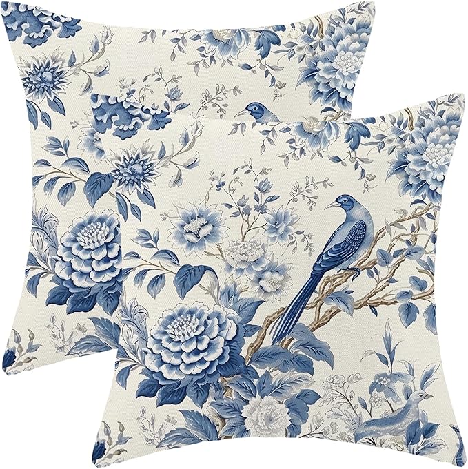 CXMEIFLY Spring Floral Pillow Covers 16 x 16 Inch Set of 2 for Chinoiserie Flowers Bird Decor Throw Pillows Vintage Blue and White Plant Outdoor Decorative Cushion Cases for Couch Bed Decorations