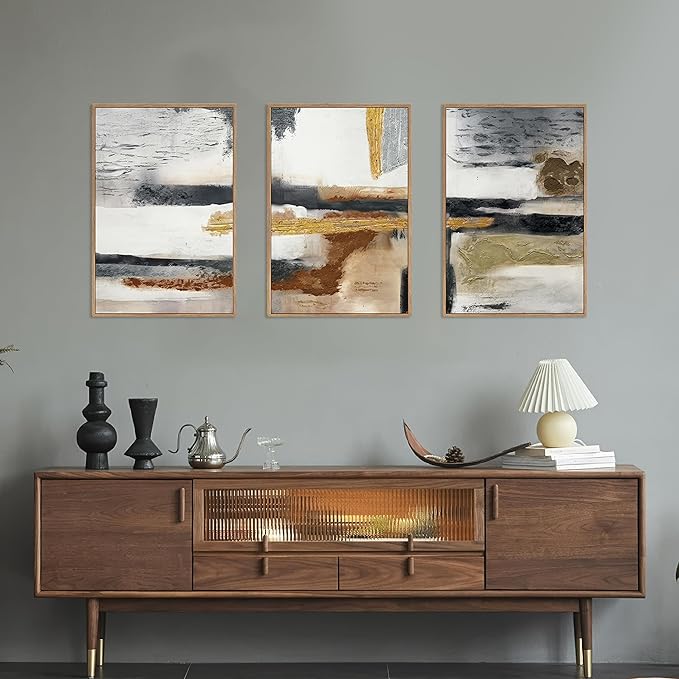 Modern Abstract Framed Canvas Wall Art Set, Neutral Textured Wall Decor, Boho Minimalist Gold and Gray Wall Painting for Living Room, Bedroom, Dining Room, Office - 16" x24" x3
