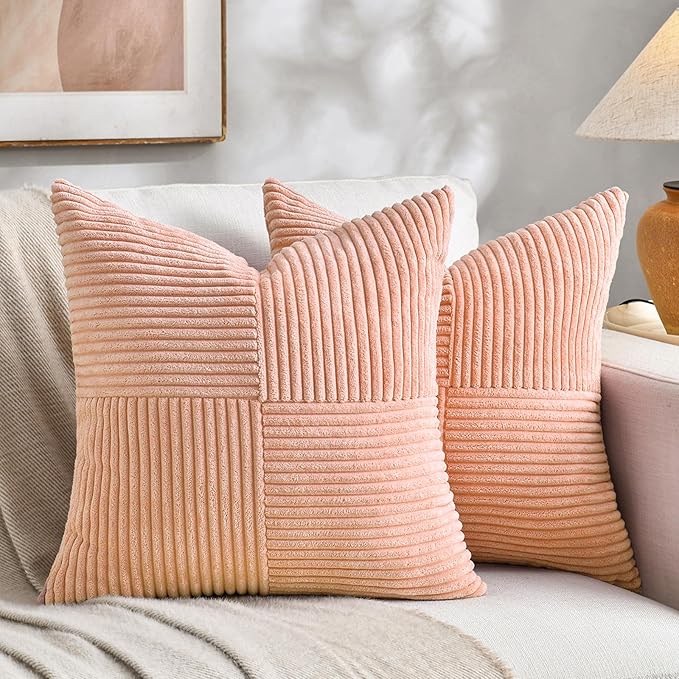 Fancy Homi 2 Packs Peach Decorative Throw Pillow Covers 18x18 Inch for Living Room Couch Bed Sofa, Rustic Boho Farmhouse Home Decor, Soft Corss Corduroy Patchwork Textured Square Cushion Case 45x45 cm