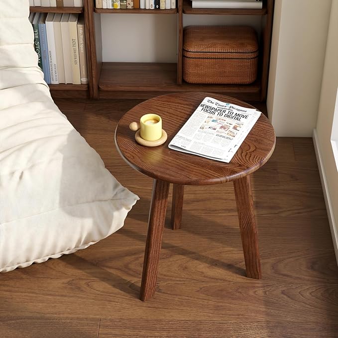 100% Solid Oak Round Side Table, Small Bedside Table for Small Spaces, Living Room End Table with Stable Frame, Modern Nightstand for Bedroom Couch, (Walnut, 17.71" D x 19.68" H)
