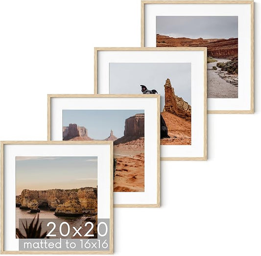 HAUS AND HUES Solid Oak Wood 20”x20” Picture Frames Matted to 16”x16” Set of 4 - Square Frames 20x20, Natural Picture Frames 20x20, Square Frame Wood, 20x20 Frames for Wall Art (Beige Oak Frames)