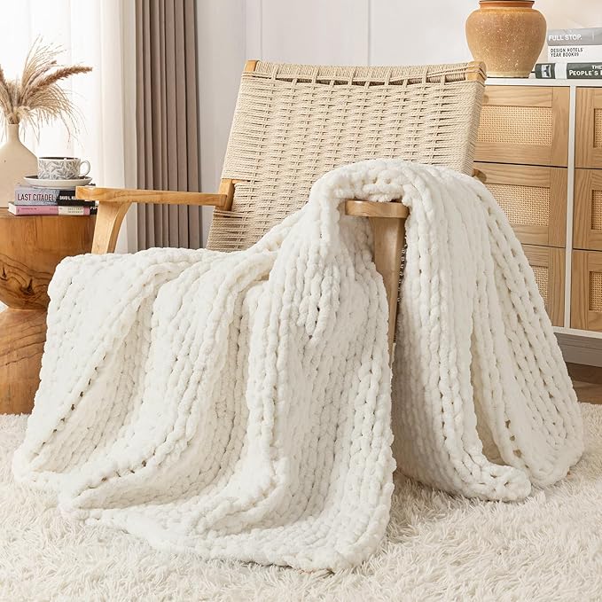 Chunky Knit Blanket Throw, 100% Hand Knit Throw Blanket Handmade Chenille Cable Knit Throw for Couch, Stylish Cozy Soft Rope Knot Crochet Blanket for Home Decor, Ivory, 40x50 Inches