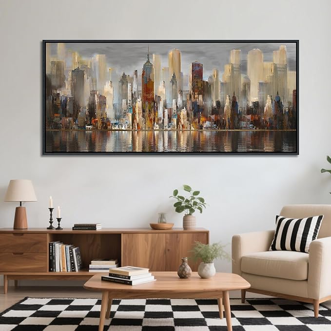 Framed Large Cityscape New York Wall Art Canvas Prints Abstract Brown City Theme Paintings Modern Canvas Wall Art for Living Room Pictures Wall Decor Bedroom Big Size 31x70