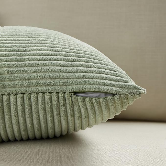 Fancy Homi 2 Packs Sage Green Long Lumbar Decorative Throw Pillow Covers 12x24 Inch for Couch Bed Sofa, Rustic Farmhouse Boho Home Decor, Soft Striped Corduroy Rectangle Accent Cushion Case 30x60 cm